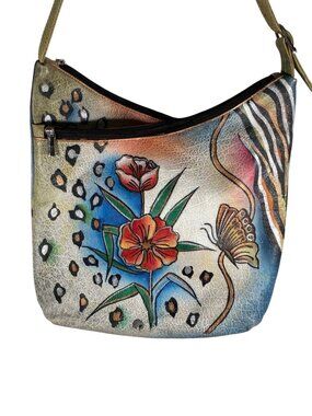 Hand-Painted Leather hobo Shoulder Bag With Floral & Butterfly Design By Biacci